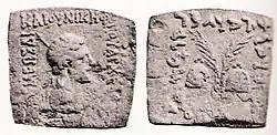 Bust of Zeus, and caps of the Dioscuri with palms.