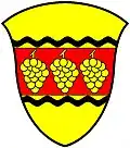 Here the ordinary's edges are straight and the cottice's not. Or, on a fess gules between two cottises wavy sable, three bunches of grapes or. Further examples: [1], [2], [3]