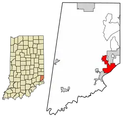 Location of Lawrenceburg in Dearborn County, Indiana.