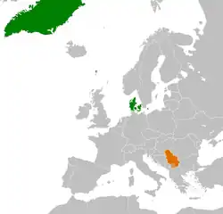 Map indicating locations of Denmark and Serbia