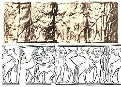 Design embossed on the gold foil, tomb PG 1236, thought to belong to A-Imdugud, Royal Cemetery of Ur.[32]