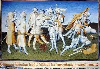 Detail from The Travels of Marco Polo,  1410, showing an armored "Mamluk" with a short, spiked flail tucked into his belt