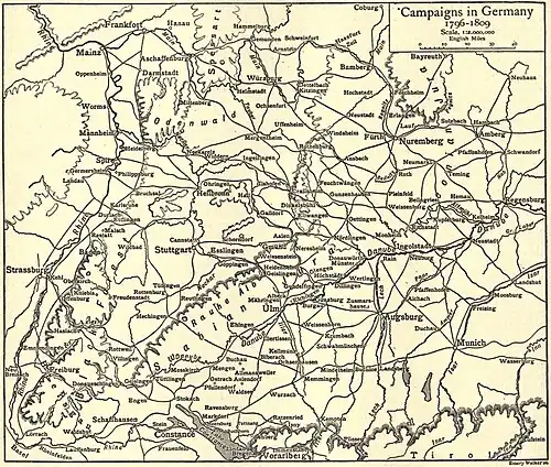 Black and yellow map of German theater of war 1796–1809.
