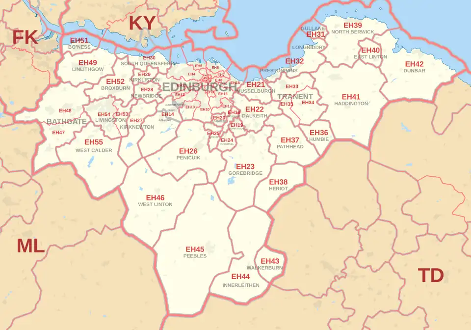 EH postcode area map, showing postcode districts, post towns and neighbouring postcode areas.