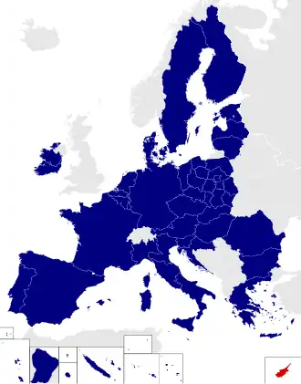 Map of the European Parliament constituencies with Cyprus highlighted in red