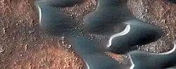 Close, color view of sand dunes, as seen by HiRISE under HiWish program