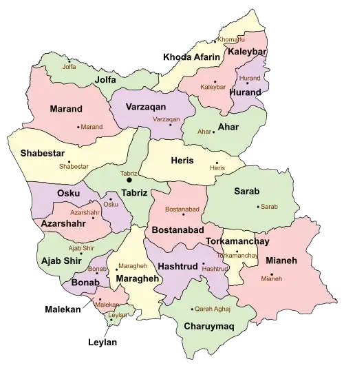 Location of Azarshahr County in East Azerbaijan province (center left, pink)