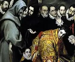 The figure looking towards the viewer, directly above Saint Stephen's head, is theorized by some scholars to be a self-portrait inserted by El Greco.