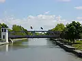 A lift bridge, elevated at both ends