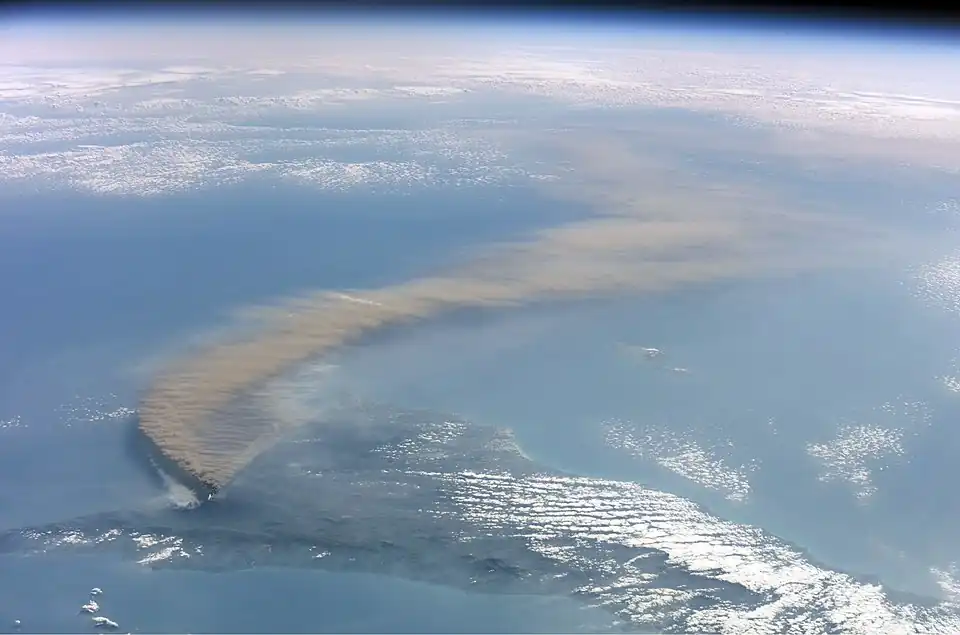 Image 75A 2002 eruption of Mount Etna, a volcano on the Italian island of Sicily, viewed from the International Space Station. (Credit: NASA, with image edits by User:Darkone.) (from Portal:Earth sciences/Selected pictures)