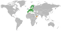 Map indicating locations of European Union and Yemen