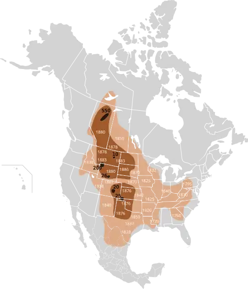 Map of the extermination of the bison to 1889. This map based on William Temple Hornaday's late-19th century research. &nbsp;&nbsp;Original range &nbsp;&nbsp;Range as of 1870 &nbsp;&nbsp;Range as of 1889