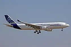 Twin-engine passenger jet in flight