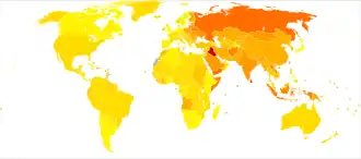 Disability-adjusted life year for falls per 100,000&nbsp;inhabitants in 2004.[39] &nbsp;&nbsp;no data &nbsp;&nbsp;less than 40 &nbsp;&nbsp;40–110 &nbsp;&nbsp;110–180 &nbsp;&nbsp;180–250 &nbsp;&nbsp;250–320 &nbsp;&nbsp;320–390 &nbsp;&nbsp;390–460 &nbsp;&nbsp;460–530 &nbsp;&nbsp;530–600 &nbsp;&nbsp;600–670 &nbsp;&nbsp;670–1000 &nbsp;&nbsp;more than 1000