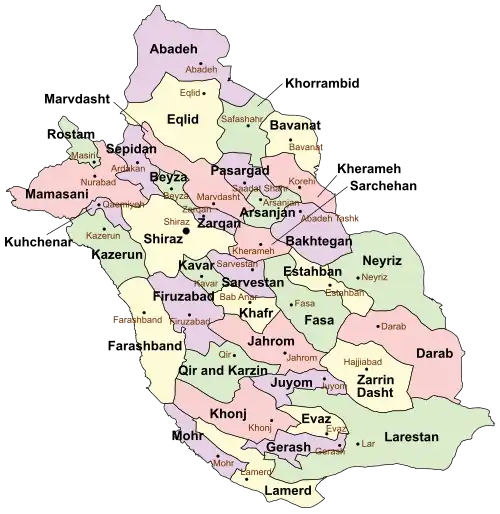 Location of Larestan County in Fars province (bottom right, green)