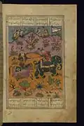 Rustam drags the Khaqan of China from his elephant.