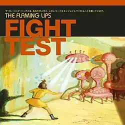 A painting of pink aliens fighting a girl