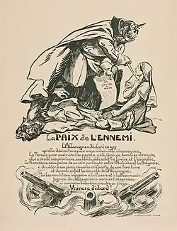 French caricature on the Romanian-German peace: Kaiser Wilhelm II pointing a dagger at a woman (Romania), while showing her the terms of the treaty and stepping on the throat of a man (Russia)