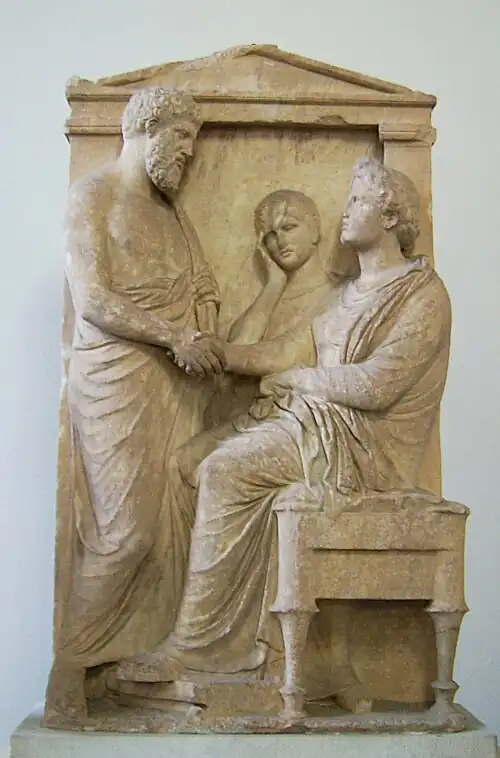 Funerary stele of Thrasea and Euandria. Marble, ca. 375–350 BC. Antikensammlung Berlin, Pergamon Museum, 738