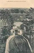 The central passing loop; between the rails one can see the steel wire rope, of 0.033 metres (1.3&nbsp;in) diameter (weighing 3.75&nbsp;kg/m (2.52&nbsp;lb/ft)) which provided the traction for the cabins