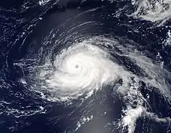 Visible satellite imagery of Hurricane Gaston nearing major hurricane intensity on August 28