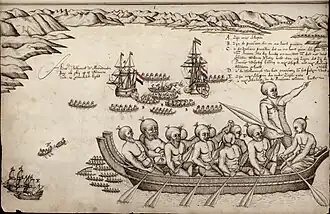 The first European impression of Māori, at Murderers' Bay. Drawing by Isaack Gilsemans in Abel Tasman's travel journal (1642).[64]