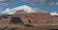 Brahma Temple (left) and Zoroaster Temple (right), from southwest (Sumner Butte, shaded, in lower left)