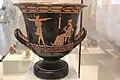 440-430 BC, Greece. Greek Red-figure Ceramic Calyx Crater. Girl dancing to aulos.