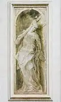 Allegoric figure with fasces in a grisaille fresco by Albrici on the facade of the Santa Maria della Carità church in Brescia