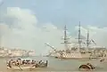 Hibernia off Fort St. Angelo, Malta, circa 1830. By Giovanni Schranz