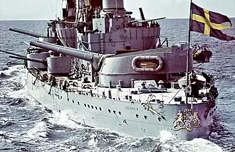 Image 14Coastal defence ship of the Swedish Navy HM Pansarskepp Gustaf V (Agfacolor photo until 1957) (from History of Sweden)