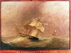 HMS Pique in a gale, flying the white ensign upside down