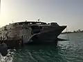 Swift in port at Oceandro Large Yacht shipyard, Port Suez, Egypt. Damage to the starboard bow from the alleged Houthi rebel attack is clearly visible.