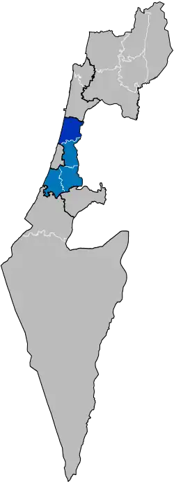 Central District in blue, with HaSharon Subdistrict in dark blue
