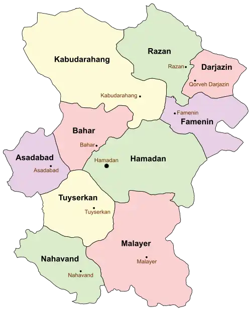 Location of Hamadan County in Hamadan province (center, green)