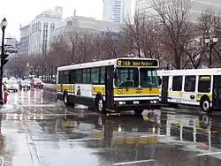 Hamilton Street Railway Orion V 8907 on the 34A route at the intersection of King and James Streets in downtown Hamilton.