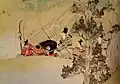 A tree in the foreground. Five or six warriors including a rider underway in the background.
