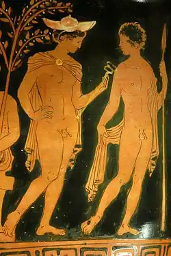 Hermes wearing a petasos hat, Attic red-figure krater, c. 380–370 BC