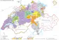Switzerland in 1536, during the Reformation, just after the conquest of Vaud by Bern and Fribourg.