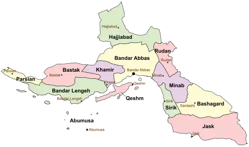Location of Jask County in Hormozgan province (bottom right, pink)