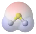 Hydrogen sulfide, van-der-Waals-based model with ball-and-stick model superimposed, with electrostatic potential surface
