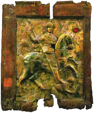 "St George of Labechina", Racha, Georgia (11th century), known as the oldest extant equestrian depiction of St George (but note that the horseman is trampling a human opponent rather than a dragon)