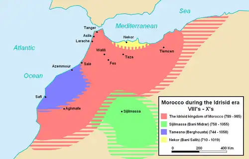 Idrisid state, around 820 CE, showing its maximal extent.