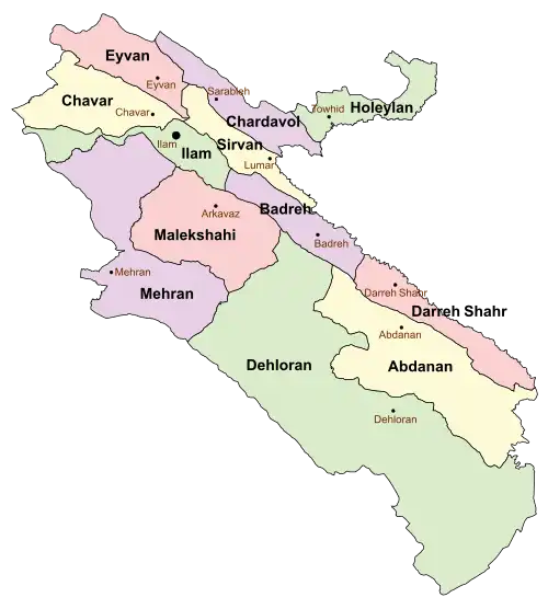 Location of Eyvan County in Ilam province (top, pink)