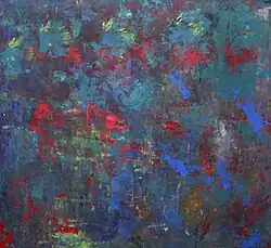 Impressionist painting consisting primarily of turquoise and dark brown with intermittent marks of red and bleu