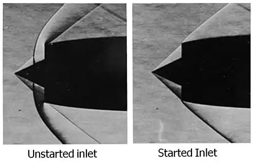 Schlieren flow visualization of shock waves for started and unstarted inlet at Mach 2