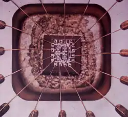 Figure 6. Wires solid state bonded directly to the metallized pads of a silicon integrated circuit chip