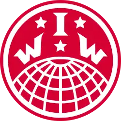 Globe logo with the letters I.W.W. separated by three stars. Encircled by the name, "Industrial Workers of the World."