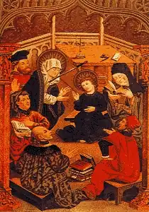 Disputation, 15th ct., Kraków. Note the sword in the heart of Mary.