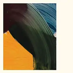 Off-centered abstract painting with various colors on a cream background.